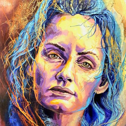 Contemporary mixed-media and acrylic portrait painting titled Yesterday's Whispers by Elsa Cornelissen, showcasing a woman looking slightly upward surrounded by intricate gold and blue branching line textures.