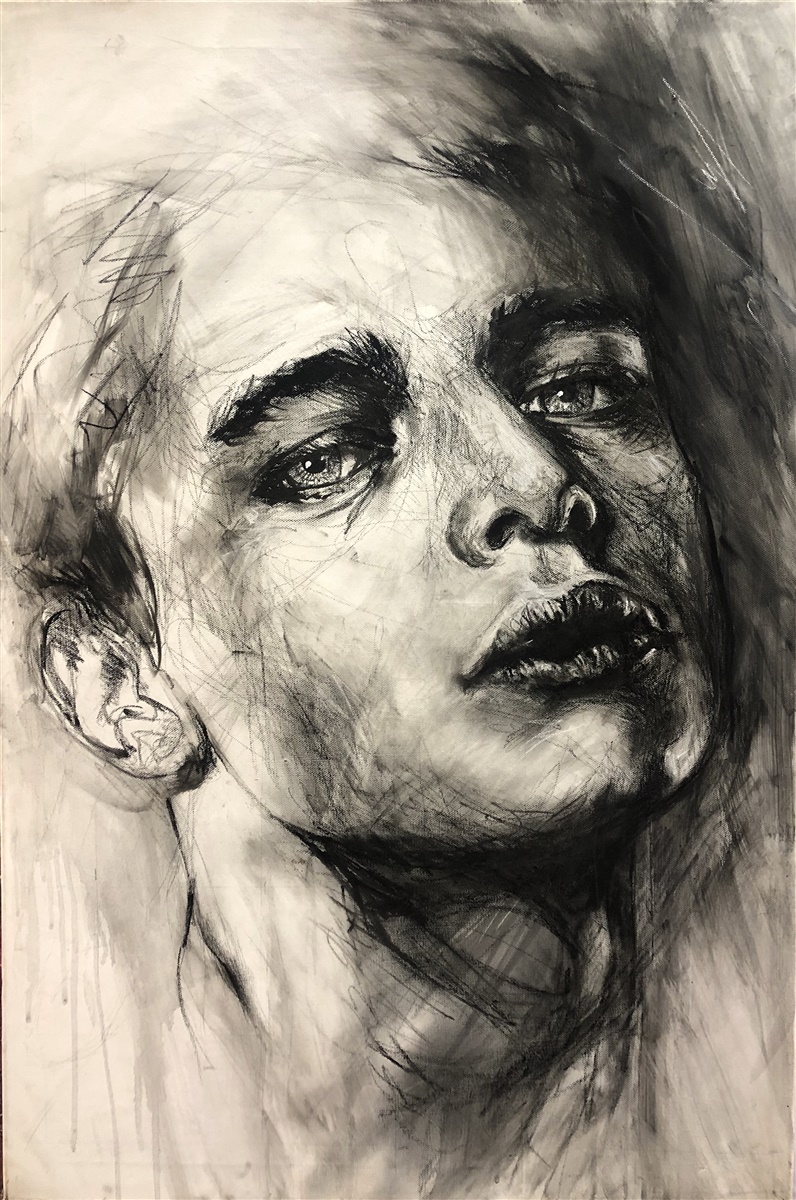 A powerful, deeply emotional contemporary realism charcoal portrait drawing of a young man with his head tilted upward, highlighting expressive eyes and highly textured, raw charcoal shading by Elsa Cornelissen.