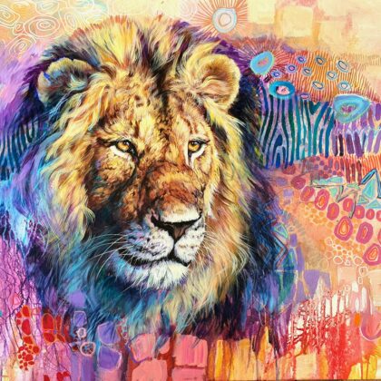 Expressive lion portrait painting titled Keeper of Quiet Kingdoms with earth pigments and weathered stone textures by Elsa Cornelissen