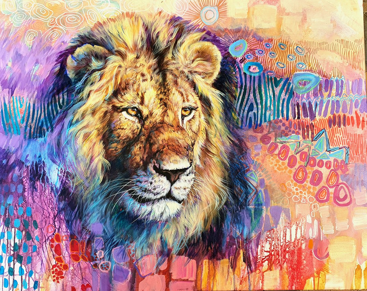 Expressive lion portrait painting titled Keeper of Quiet Kingdoms with earth pigments and weathered stone textures by Elsa Cornelissen
