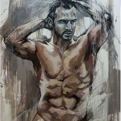 Expressive male torso charcoal sketch and fine art painting by South African artist Elsa Cornelissen.
