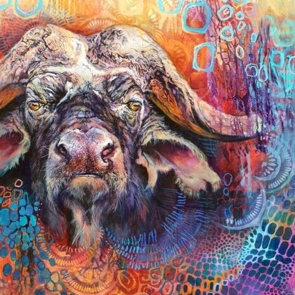 Textured Cape Buffalo painting titled Memory of the Earth in turquoise, warm ochre, and crimson earth tones by Elsa Cornelissen