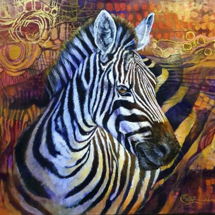 Geometric zebra painting titled The Language of Balance featuring gestural mark-making and organic background washes by Elsa Cornelissen