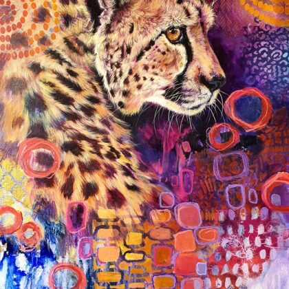 Original mixed media painting of a cheetah profile titled Whispers Before the Wind by South African artist Elsa Cornelissen