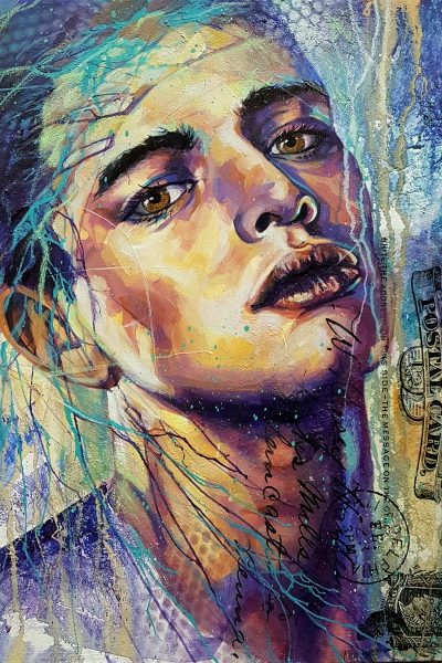 A soulful contemporary realism portrait painting of a young boy with his head tilted upward by Elsa Cornelissen, featuring textured mixed-media elements including overlapping vintage postcard text, a postal stamp, and expressive paint splatters in shades of blue, purple, and gold.